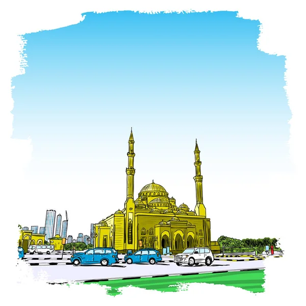 Мечеть района Дубай Марина, рисунок вручную с акварелью — стоковый вектор