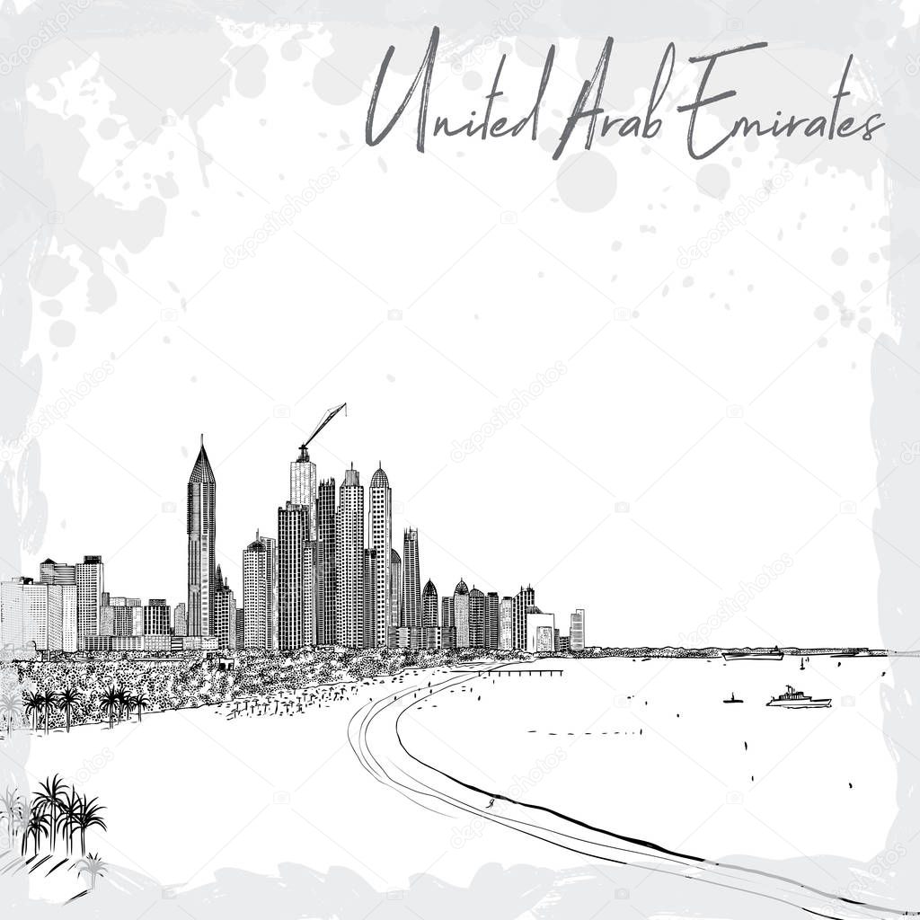 Hand drawn sketch of Marina Dubai UAE. City and beach coast with