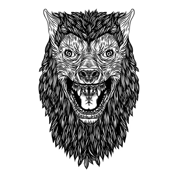 사나운 늑대 머리입니다. 활활 타오르는 늑대의 성 난 전면 얼굴입니다. Tatto — 스톡 벡터
