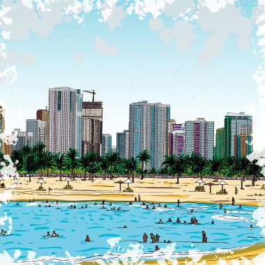 Suluboya sıçrama taslağını Marina DUBAI Uae. Şehir ve coa plaj