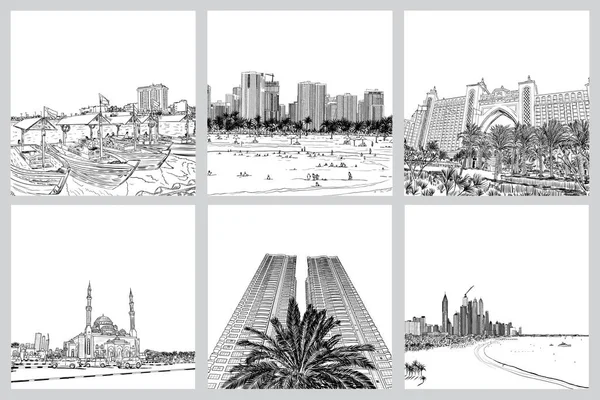 Conjunto de esboços de Marina e Dubai UAE skylines. Edifícios em coa —  Vetores de Stock