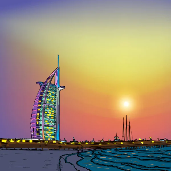 Luces del Burj Al Arab por la noche, Torre de los Árabes, lujo — Vector de stock