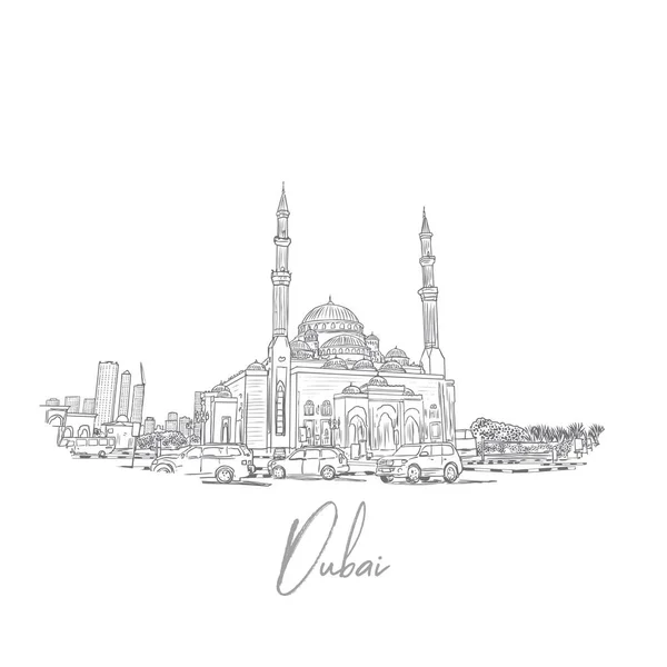 De getekende schets van de hand van de Skyline van Dubai met moskee in vector. — Stockvector