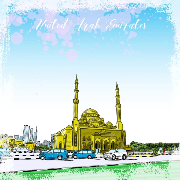ドバイ マリーナ地区モスク、水彩の手描きのスケッチ — ストックベクタ
