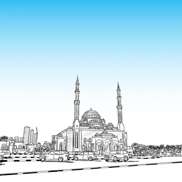 Gambar tangan sketsa Masjid dengan gedung pencakar langit di Dubai Marina dis - Stok Vektor