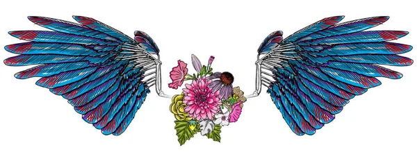 Роза и цветы с листьями и символом татуировки на крыльях — стоковый вектор