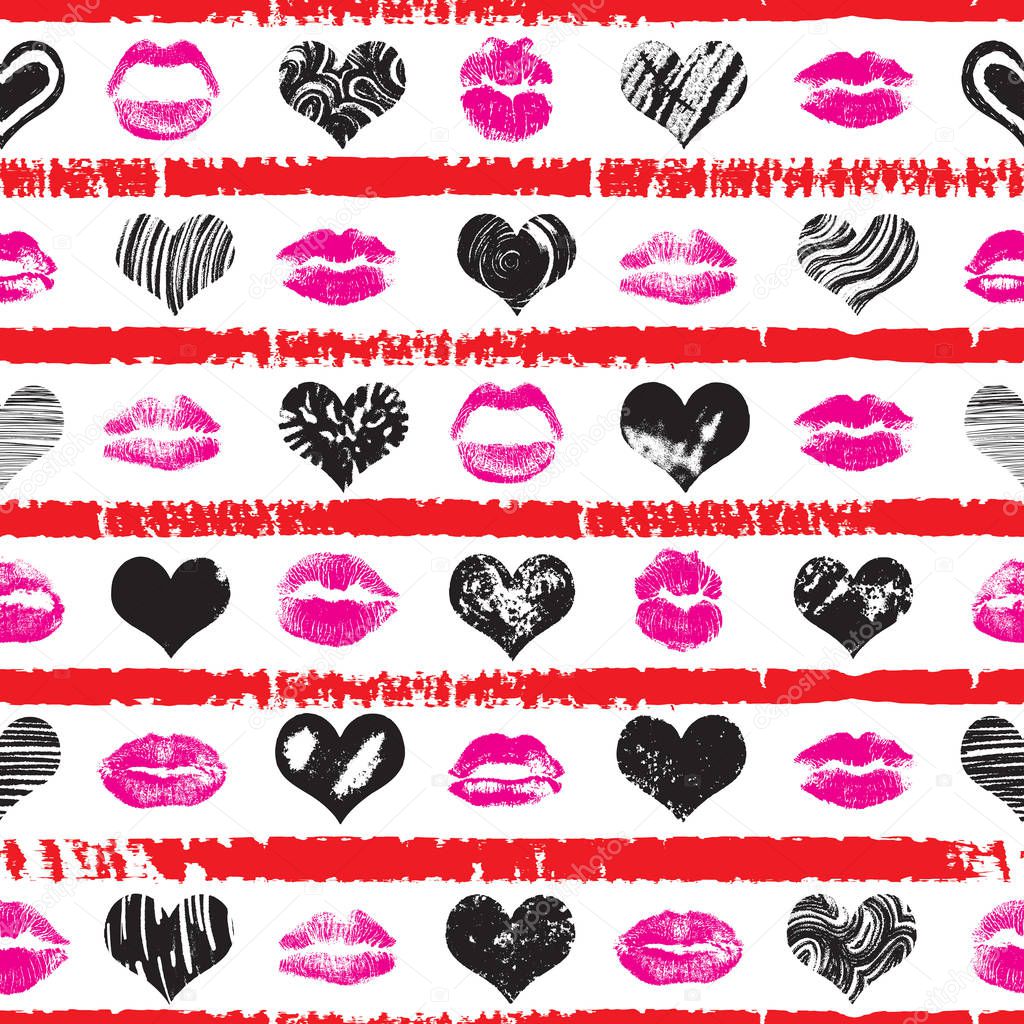 Pink red and black hearts and lips seamless pattern on stripped 