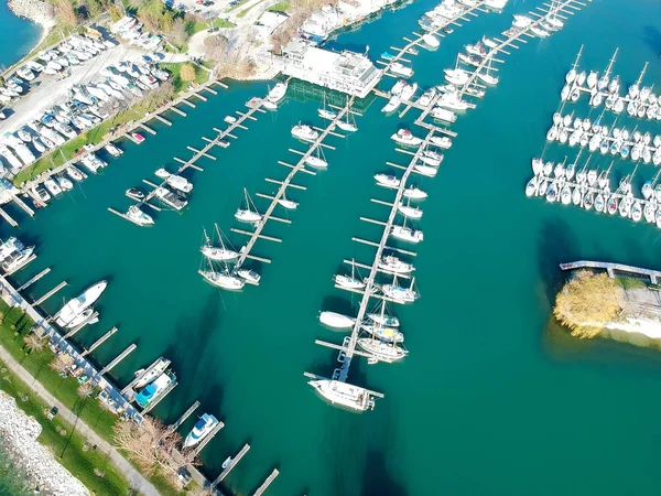 Beautiful boats. Aerial view of boats in morning Ontario lake ba