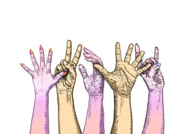 Five fists raised in protest on white background. Ink style post clipart