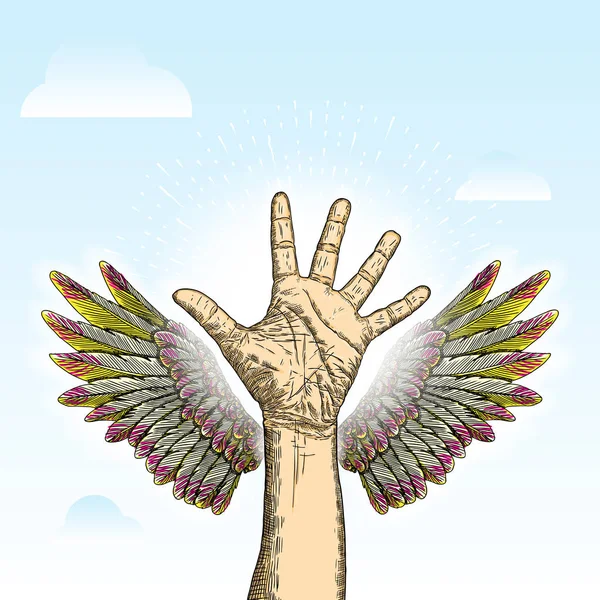 Freiwillige Hand mit Engelsflügeln auf blauem Himmel — Stockvektor