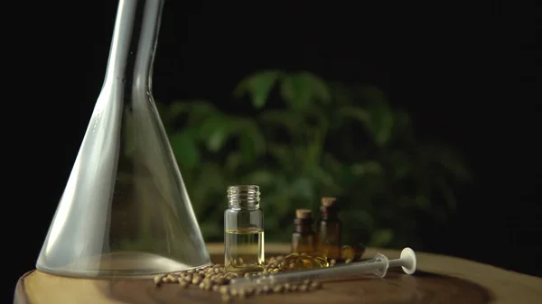 玻璃瓶，内装cbd油和种子。 b的水栽和水栽 — 图库照片