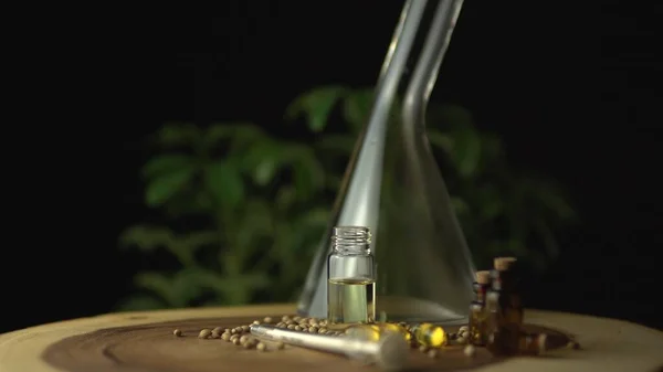 Skleněné sklenice s olejem a semeny cbd. Hydroponické a akvaponické b — Stock fotografie