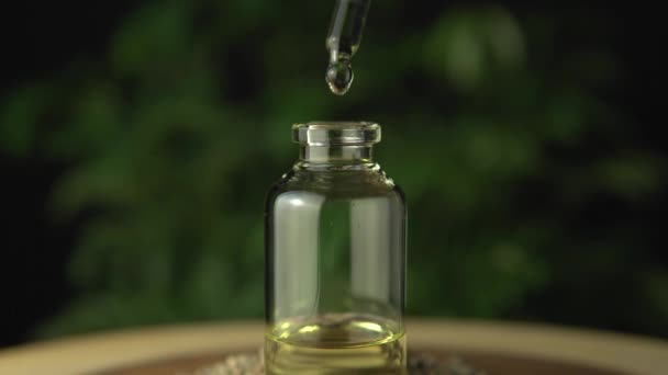 Extremamente perto do frasco de vidro com cannabis medicinal extraída coleta de óleo de cbd para uso oral. Pode ser aplicadocomo tópicos e aplicado externamente na pele. Revolução nos medicamentos . — Vídeo de Stock