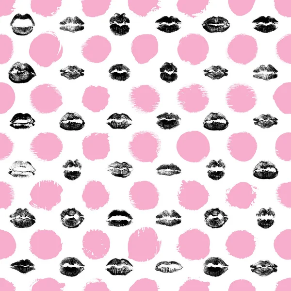 Lips seamless pattern on polka dot background. Black and pink li — Stock Vector