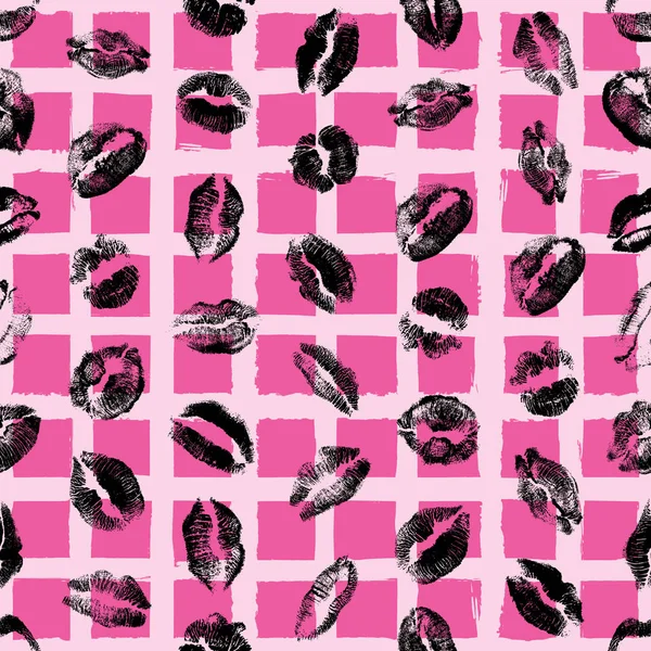 Rood roze zwarte lippen naadloze patroon op pop-up grunge penseel terug — Stockvector