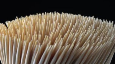 Kürdan siyah arka plan rotasyonunda. Kokteyl çubuğu ya da kürdan makro odağı merkeze. Diş hijyeni ya da diş bakımı kavramı. Kariyer önleme. Diş Sağlığı Hizmetleri.