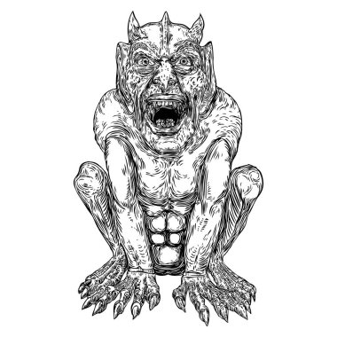 Şeytan, insan gibi canavar yaratık chimera sivri boynuzlarıyla ve