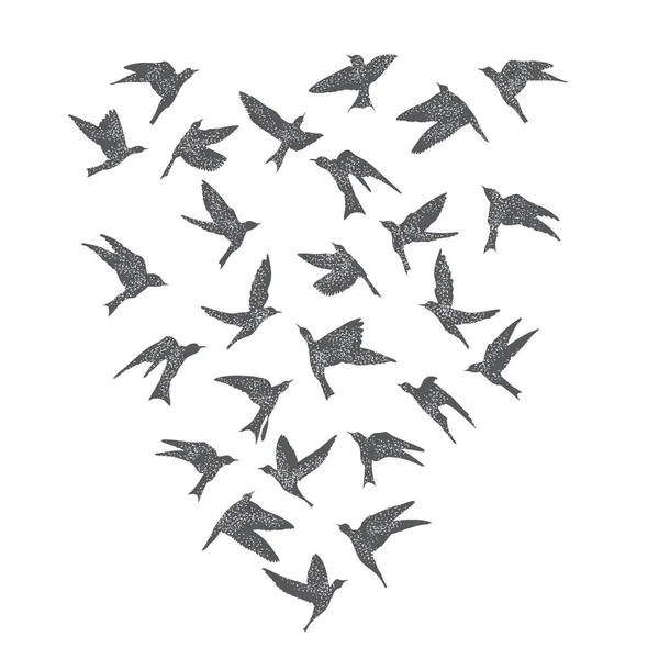 Silhouet van de stad vliegende vogels op witte achtergrond. Inspiratie — Stockvector