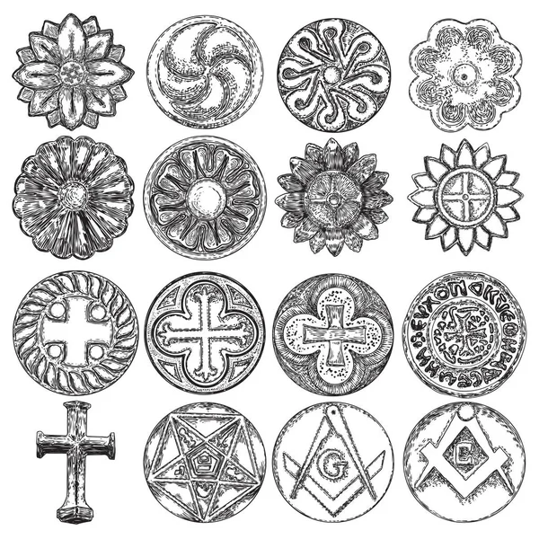 Conjunto de símbolos decorativos. Religión cristiana decorativa circular — Archivo Imágenes Vectoriales