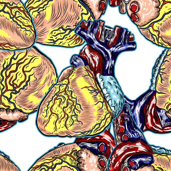 Naadloos patroon van menselijk anatomisch hart. Zwart en kleur gravering — Stockvector