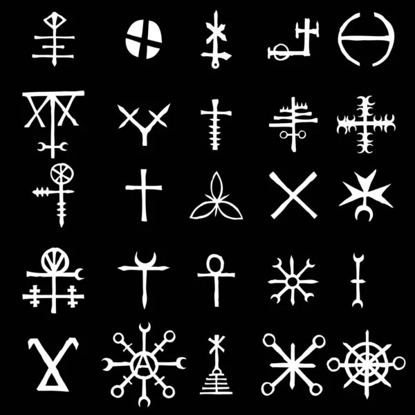 Símbolos wiccanos símbolos imaginarios de cruz, inspirados en el anticristo p — Vector de stock