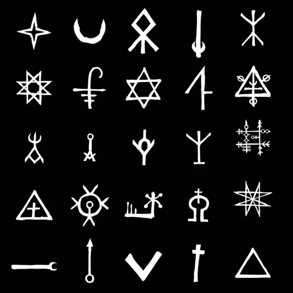 Ensemble avec des symboles mystiques et occultes. Tracé à la main et écrit alpha — Image vectorielle