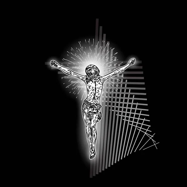 耶稣基督钉在现代几何交叉纹身上。先知的神圣几何极小艺术。新时代基督教祈祷和宗教的象征. — 图库矢量图片