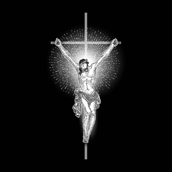 Jézus Krisztus a kereszten fénysugarakkal és gerendákkal, a szent szimbólumával. Feszület rajz. Art tetoválás referencia sablon fekete háttér. Vallás büszkeség és dicsőség. Nagypénteki vektor. — Stock Vector