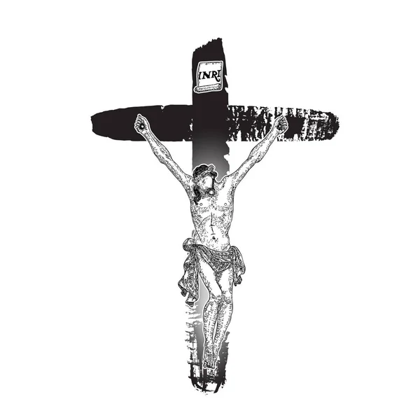 यीशु क्रूस पर। हाथ असली इंक ब्रश, ग्रंज क्रो के साथ चित्रित — स्टॉक वेक्टर