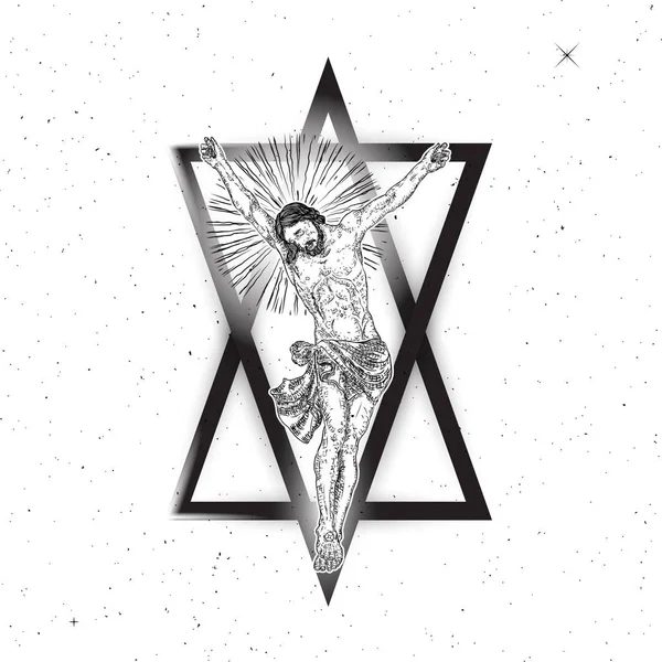 Jesus Christ crucifixion on modern geometric cross tattoo. Prophet on sacred geometry minimal art. Symbol of new age Christianity prayer and religion Vector. — Stock Vector