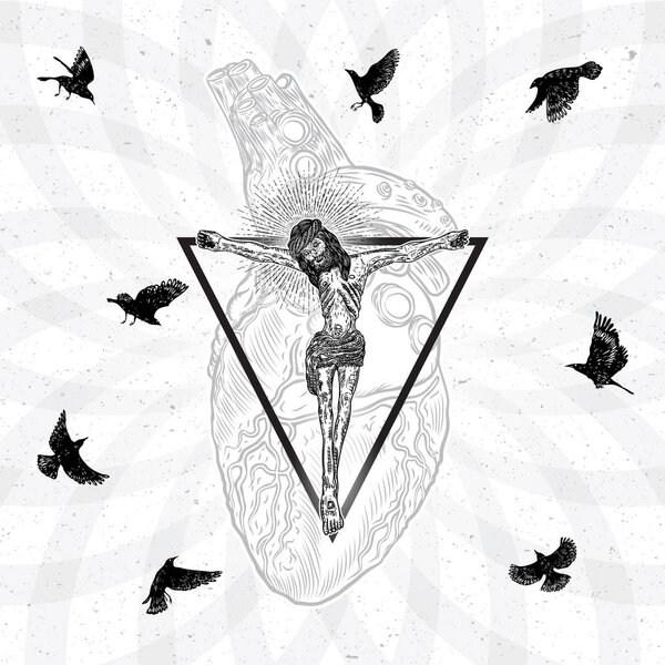 Иисус Христос на священной геометрической татуировке треугольника с серебряными лучами фона и священным сердцем. Вокруг летают птицы. Символ христианской молитвы, религии. Мистические духовные тайны. Вектор.