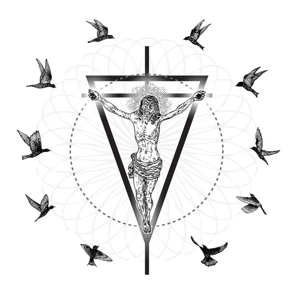 Jesus Christ crucified and raven or crow birds flock flying around him. Modern new age visual interpretation, symbol of Christianity prayer, religion and mystical spiritual experience. Vector. — Stock Vector