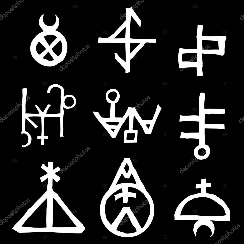 Mystic set with magic circles, pentagram and imaginary chakras s