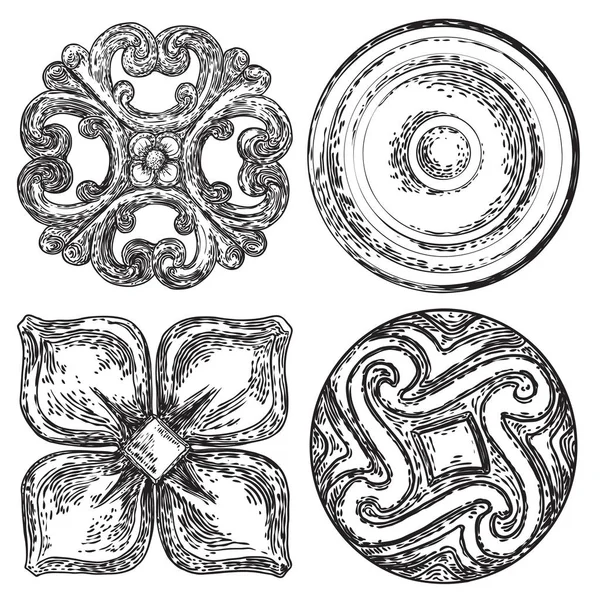 Set di disegno ornamento cerchio per il modello, isolato fiore intagliato — Vettoriale Stock