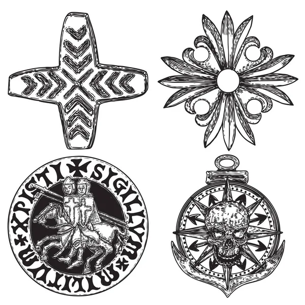 Sada dekorativních ornamentů vyřezávaných květin. Christian Cross. N — Stockový vektor