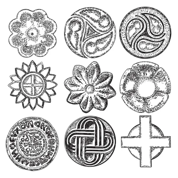 Conjunto de símbolos decorativos. Religión cristiana decorativa circular — Archivo Imágenes Vectoriales