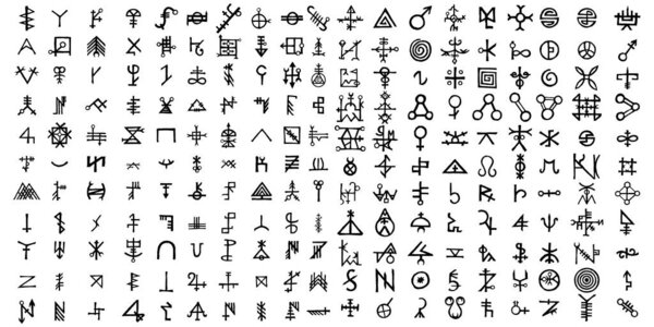 Большой набор эзотерических элементов дизайна символов. Воображаемый почерк
