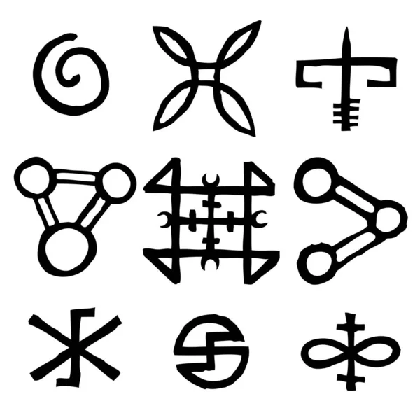 Conjunto de símbolos escritos y letras inspiradas en inscripciones mágicas — Archivo Imágenes Vectoriales