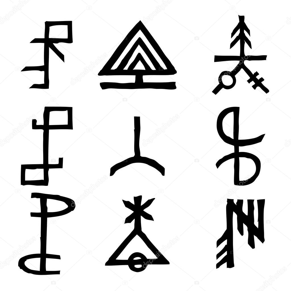 Set of Old Norse Scandinavian runes imaginary version. Runic alp