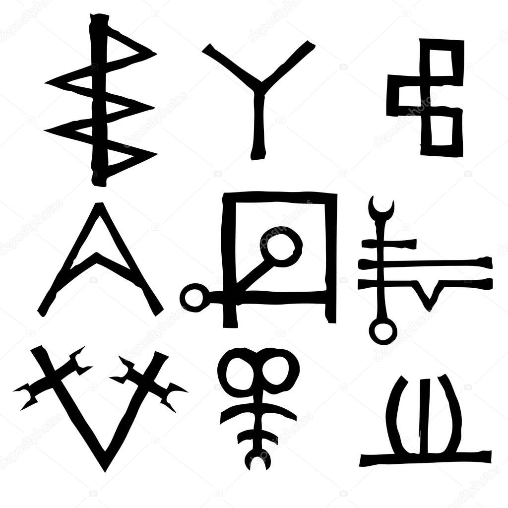 Set of Old Norse Scandinavian runes imaginary version. Runic alp