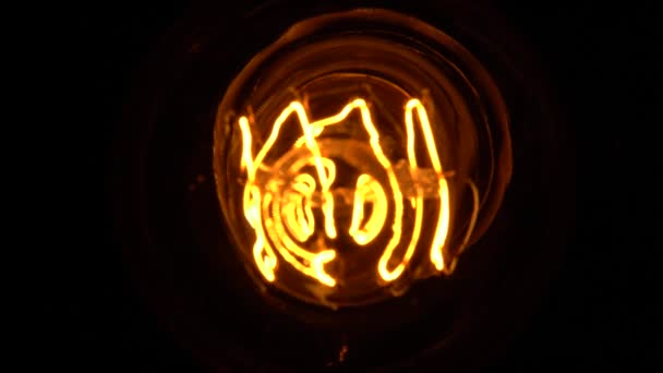 Lampadina in tungsteno su sfondo nero. Vista dall'alto rivelano dettagli interni di lampadina vintage Edison nel buio. Concetto film horror. — Video Stock