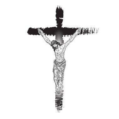 Çarmıha gerilmiş İsa mürekkep fırçasıyla boyanmış. Golgotha Dağı 'ndan İsa Mesih' in oğlu. El çizimi bir resim. Vektör. 