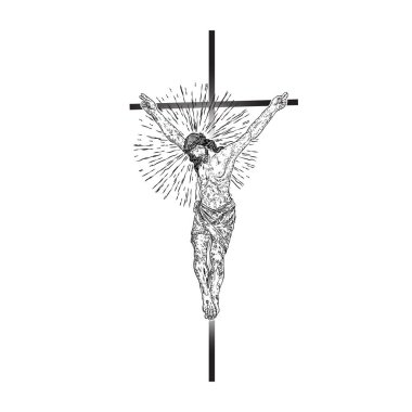 Çarmıha gerilmiş Yüce İsa, azizin sembolü halo ışığı ve kirişlerle. Haç çizimi. Sanat dövmesi referans şablonu. Din gurur ve zafer. İyi Cuma Vektörü.