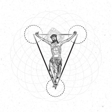 Kutsal geometrik haç, üçgen ve çember mandalalar üzerinde İsa Mesih çarmıha gerildi. Hızlı vücut dövmesi. Hıristiyanlık duasının ve dinin sembolü. Manevi ve kutsal kavramları. Yıldızlar aleminde peygamber. Vektör.