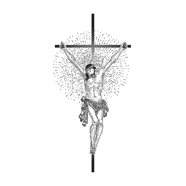 光と光の光線 聖人の象徴と十字架上のイエス キリスト 十字架の絵 アートタトゥーリファレンステンプレート 宗教の誇りと栄光 良い金曜日ベクトル — ストックベクタ