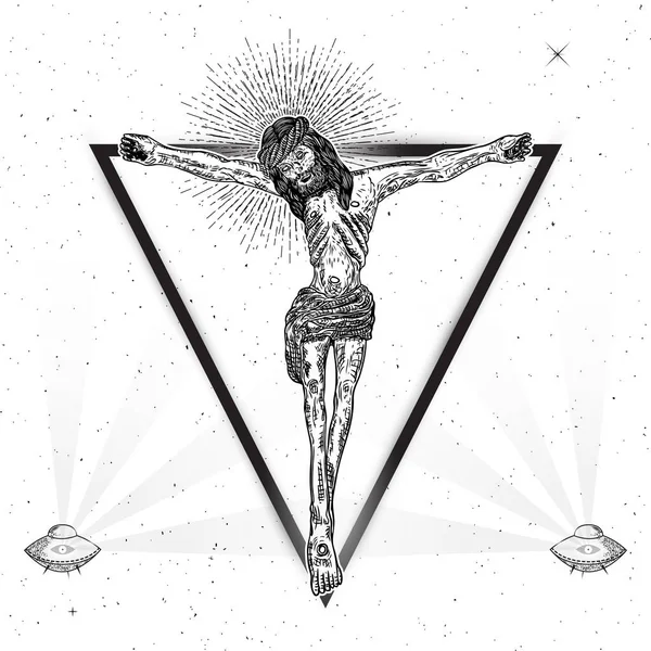 Jésus Christ Tatoué Triangle Symbole Prière Chrétienne Religion Ovni Extraterrestre — Image vectorielle