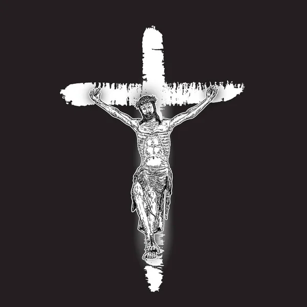 Crucificação Jesus Cristo Pintada Mão Pincel Cruz Sobre Fundo Preto —  Vetores de Stock