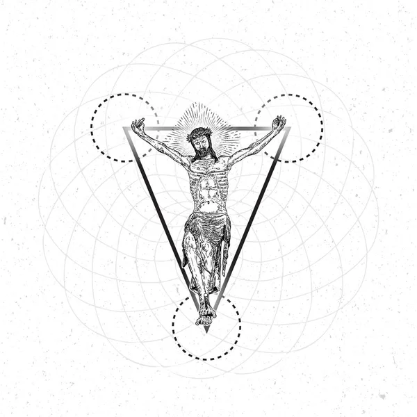 耶稣基督钉在空间上的十字架上 在神圣的几何交叉 三角形和圆圈上 闪光的身体纹身 基督教的祈祷和宗教的象征 灵性和神圣的概念 恒星空间的预言家B — 图库矢量图片
