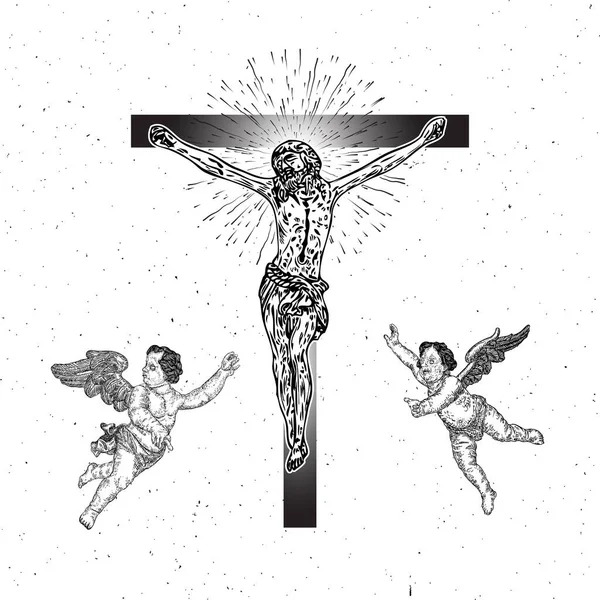 Triste Anjos Alados Perto Jesus Cristo Crucificação Interpretação Nova Era —  Vetores de Stock