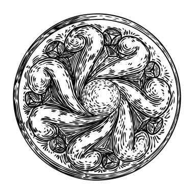 Klasik el çizimi barok çiçek tomurcuğu dövmesi, çiçekli baş süsü, retro desen için oyulmuş mürekkep sanatı ve gotik dekoratif filigran. Vektör.